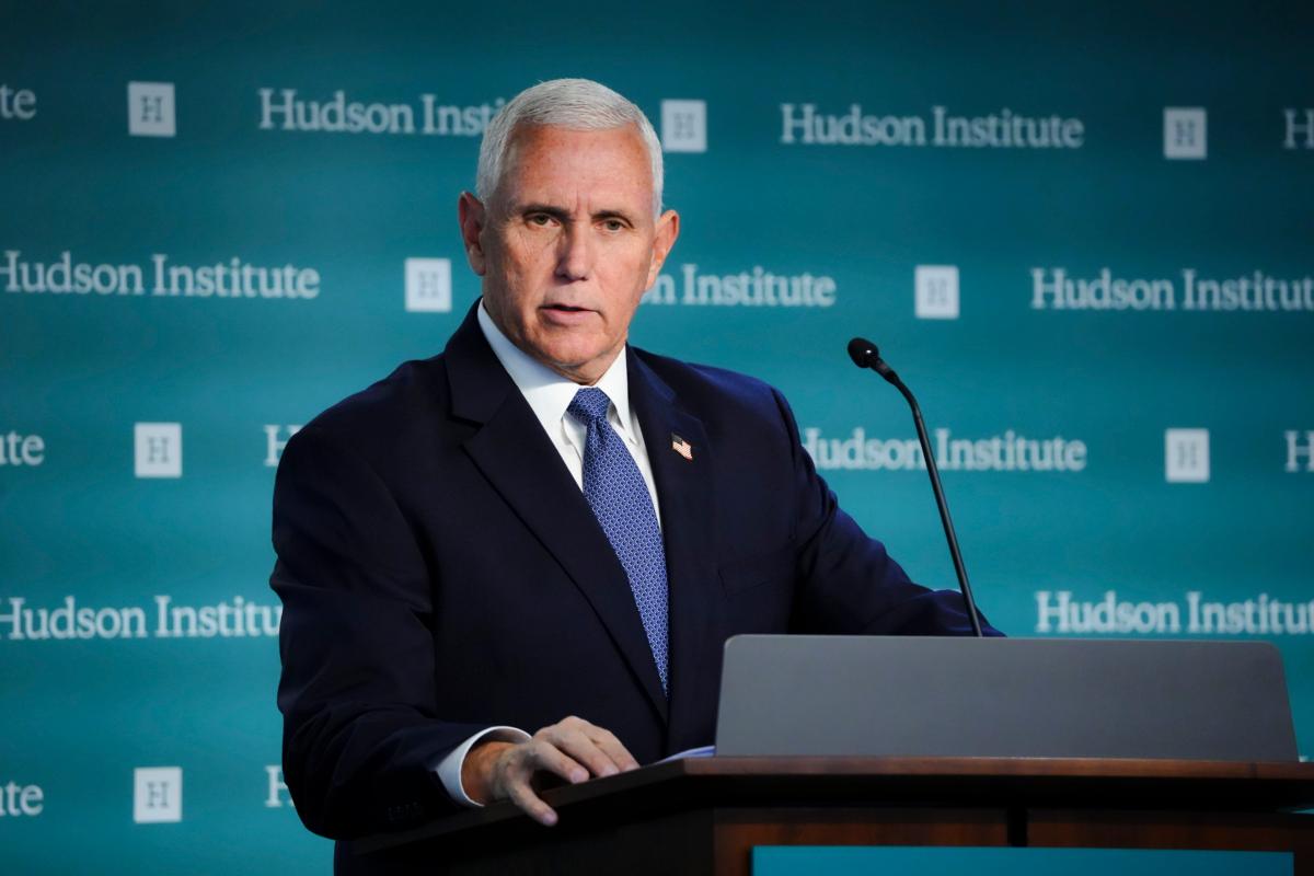 Former Vice President Mike Pence speaks about foreign policy at the Hudson Institute in Washington on Sept. 18, 2023. (Madalina Vasiliu/The Epoch Times)