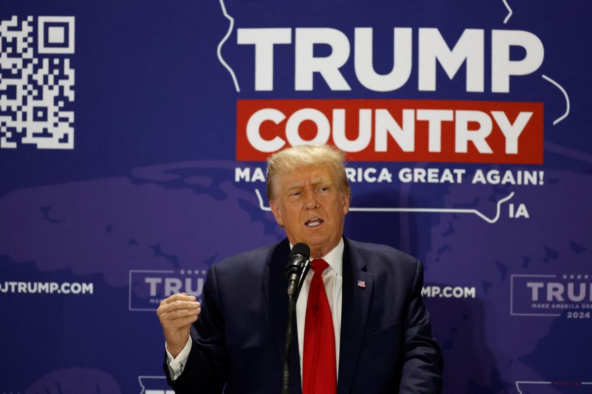Former President Donald Trump speaks at a Team Trump Iowa Commit to Caucus event in Maquoketa, Iowa, on Sept. 20, 2023. (Kamil Krzaczynski/AFP via Getty Images)