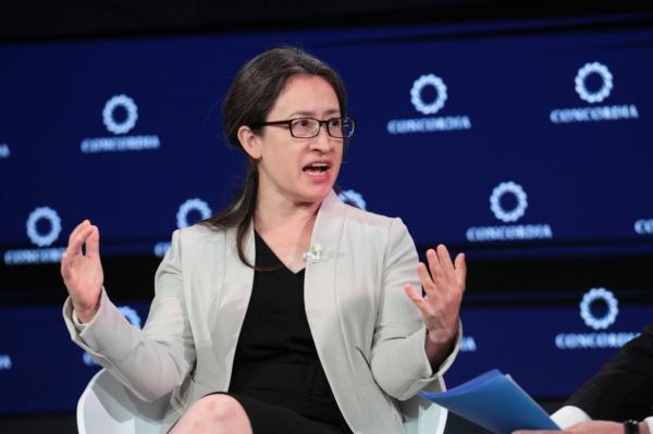 Bi-khim Hsiao, Taiwan's representative to the United States, speaks at the Concordia summit in New York on Sept. 20, 2023. (Richard Moore/The Epoch Times)