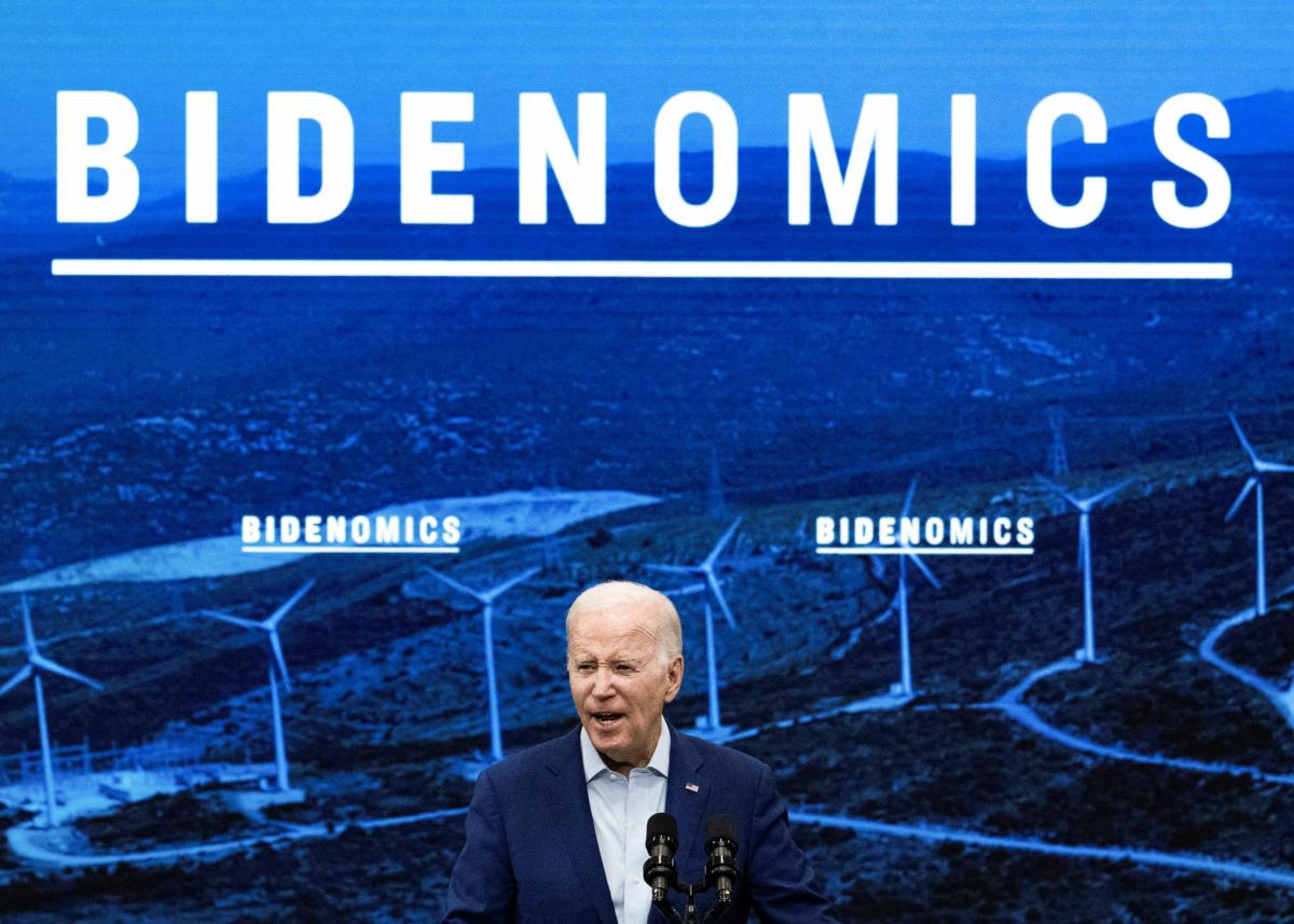 President Joe Biden speaks about "Bidenomics" at Arcosa Wind Towers in Belen, N.M., on Aug. 9, 2023. (Jim Watson/AFP via Getty Images)
