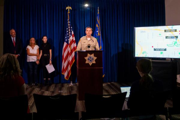 Las Vegas police Lt. Jason Johansson speaks during a news conference in Las Vegas, on Sept. 19, 2023. (AP Photo/Ty ONeil)