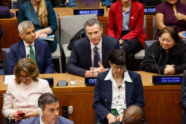 California Gov. Gavin Newsom speaks as he attends the Climate Ambition Summit at the United Nations Headquarters in New York, on Sept. 20, 2023. The event, held during Climate Week NYC and the UN General Assembly, seeks to gather support for global agreements aimed at phasing out the use of fossil fuels. (Kena Betancur/Getty Images)