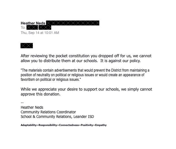 Leander ISD in Texas initially denied distribution of pocket Constitutions to middle school students on Sept. 14, 2023. (Courtesy of Jonathan Hullihan)