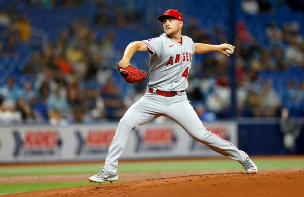  Reid Detmers (48) of the Los Angeles Angels pitches during a game against the Tampa Bay Rays at Tropicana Field in St. Petersburg, Fla., on Sept. 20, 2023. (Mike Ehrmann/Getty Images)