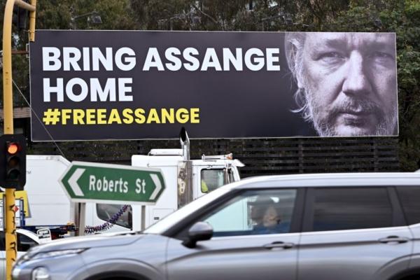 A giant billboard calls for the release of WikiLeaks founder Julian Assange in Melbourne, Australia, on Sept. 5, 2023. (William West/AFP via Getty Images)