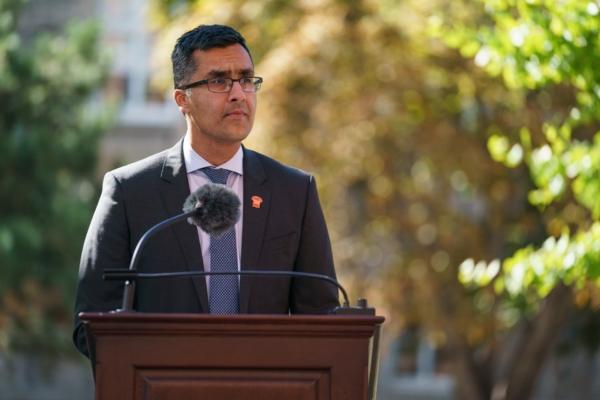 Dr. Adil Shamji speaks at a ceremony for the unveiling of the Platinum Jubilee Garden at Queen's Park, in Toronto, on Sept. 30, 2022. (Alex Lupul/The Canadian Press)