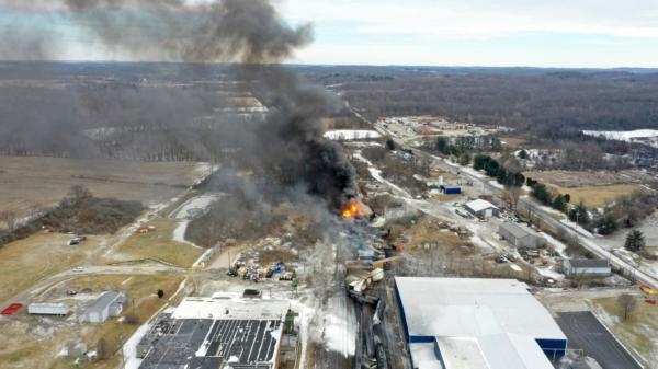 A Norfolk Southern freight train the day after it derailed in East Palestine, Ohio, on Feb. 3, 2023. (Gene J. Puskar/AP)