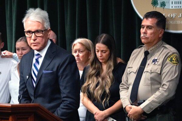  Los Angeles County Sheriff Robert Luna (R) looks on as Los Angeles County District Attorney George Gascon makes an announcement in charges in the killing of sheriff's deputy Ryan Clinkunbroomer at the Hall of Justice in downtown Los Angeles on Sept. 20, 2023. (AP Photo/Richard Vogel)