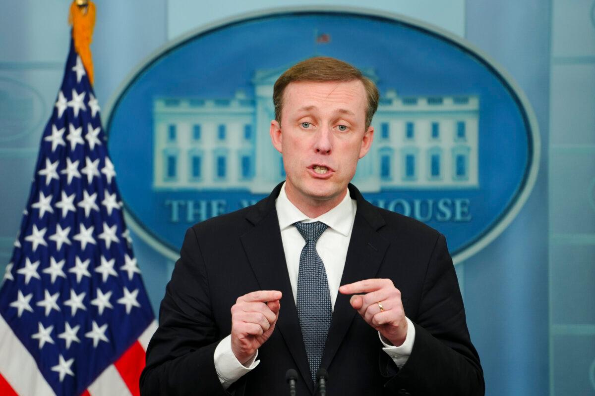 National security advisor Jake Sullivan speaks during a press briefing at the White House in Washington on Sept. 21, 2023. (Madalina Vasiliu/The Epoch Times)