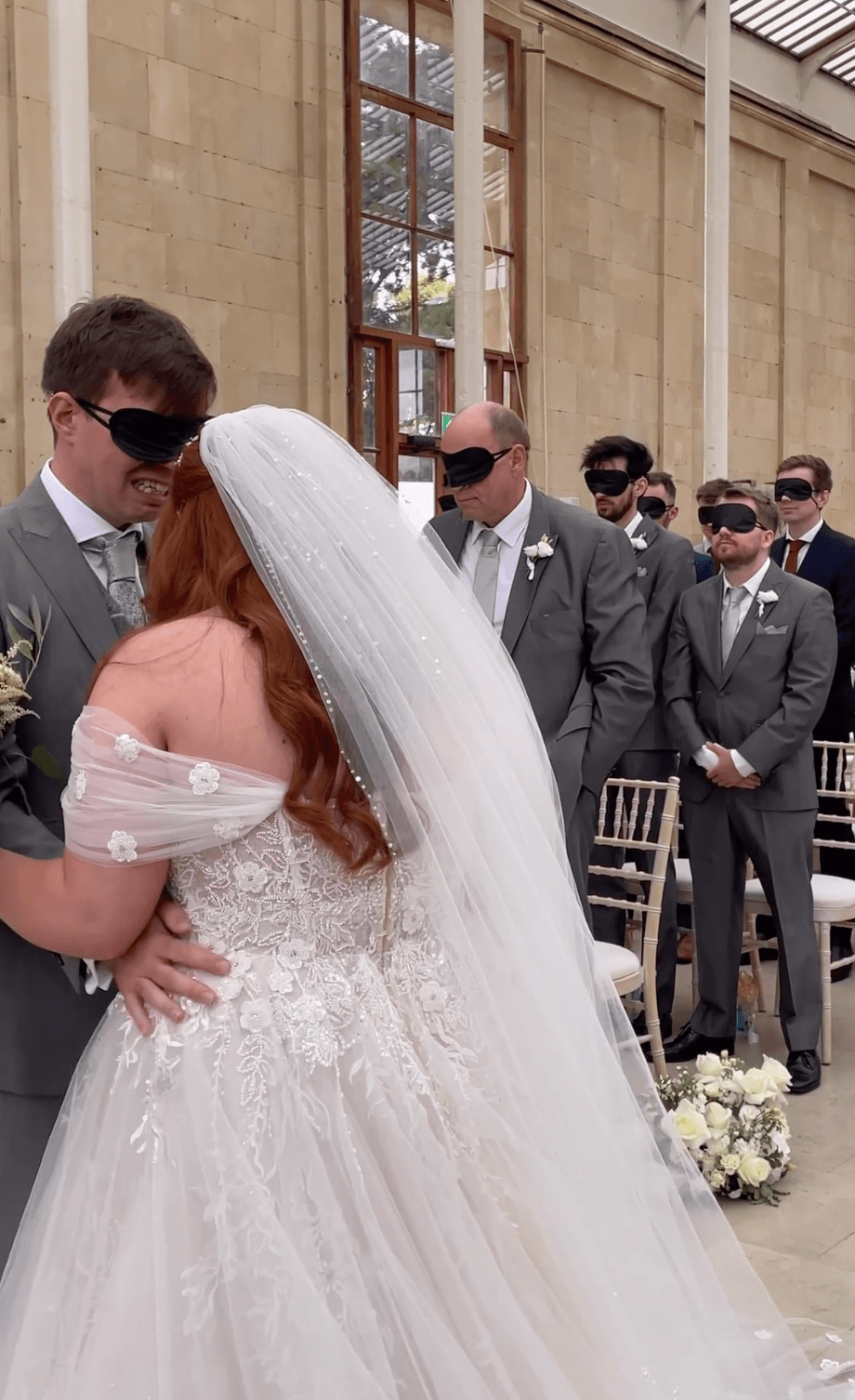 On "seeing" his bride's wedding dress, a blindfolded Mr. Cave was overwhelmed with emotion and fell to his knees. (Courtesy of <a href="https://www.instagram.com/theweddingguy__/">Adam Stewart</a>)
