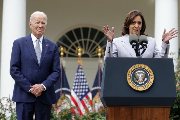 President Joe Biden listens as Vice President Kamala Harris speaks at a Rose Garden event on gun safety at the White House, on Sept. 22, 2023. (Alex Wong/Getty Images)