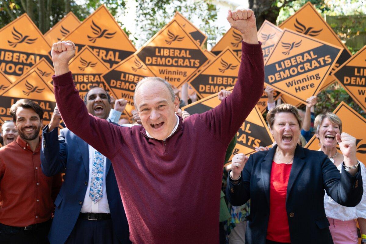 LibDem leader Sir Ed Davey alongside West Country MPs and key candidates as they arrive for the Liberal Democrat conference at the Bournemouth Conference Centre in Bournemouth, England, on Sept. 23, 2023. (Stefan Rousseau/PA))