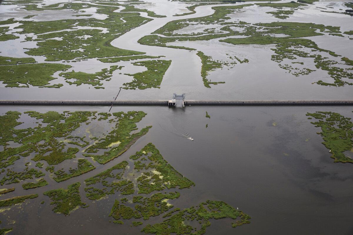  The $1.1 billion Lake Borgne Surge Barrier stands near the confluence of and across the Gulf Intracoastal Waterway and the Mississippi River Gulf Outlet in New Orleans on Aug. 23, 2019. (Drew Angerer/Getty Images)