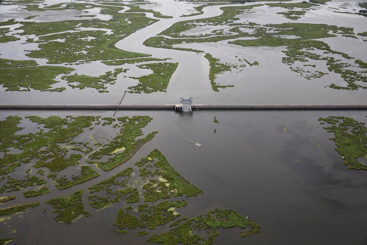 The $1.1 billion Lake Borgne Surge Barrier stands near the confluence of and across the Gulf Intracoastal Waterway and the Mississippi River Gulf Outlet in New Orleans on Aug. 23, 2019. (Drew Angerer/Getty Images)