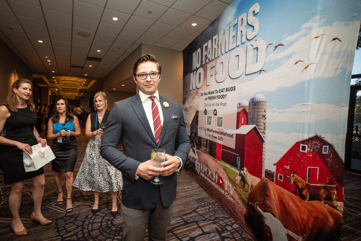 Roman Balmakov, Facts Matter host and director at the world premiere of The Epoch Times original documentary, “No Farmers No Food: Will You Eat The Bugs?” in Irving, Texas, on Sept. 22, 2023. (Samira Bouaou/The Epoch Times)