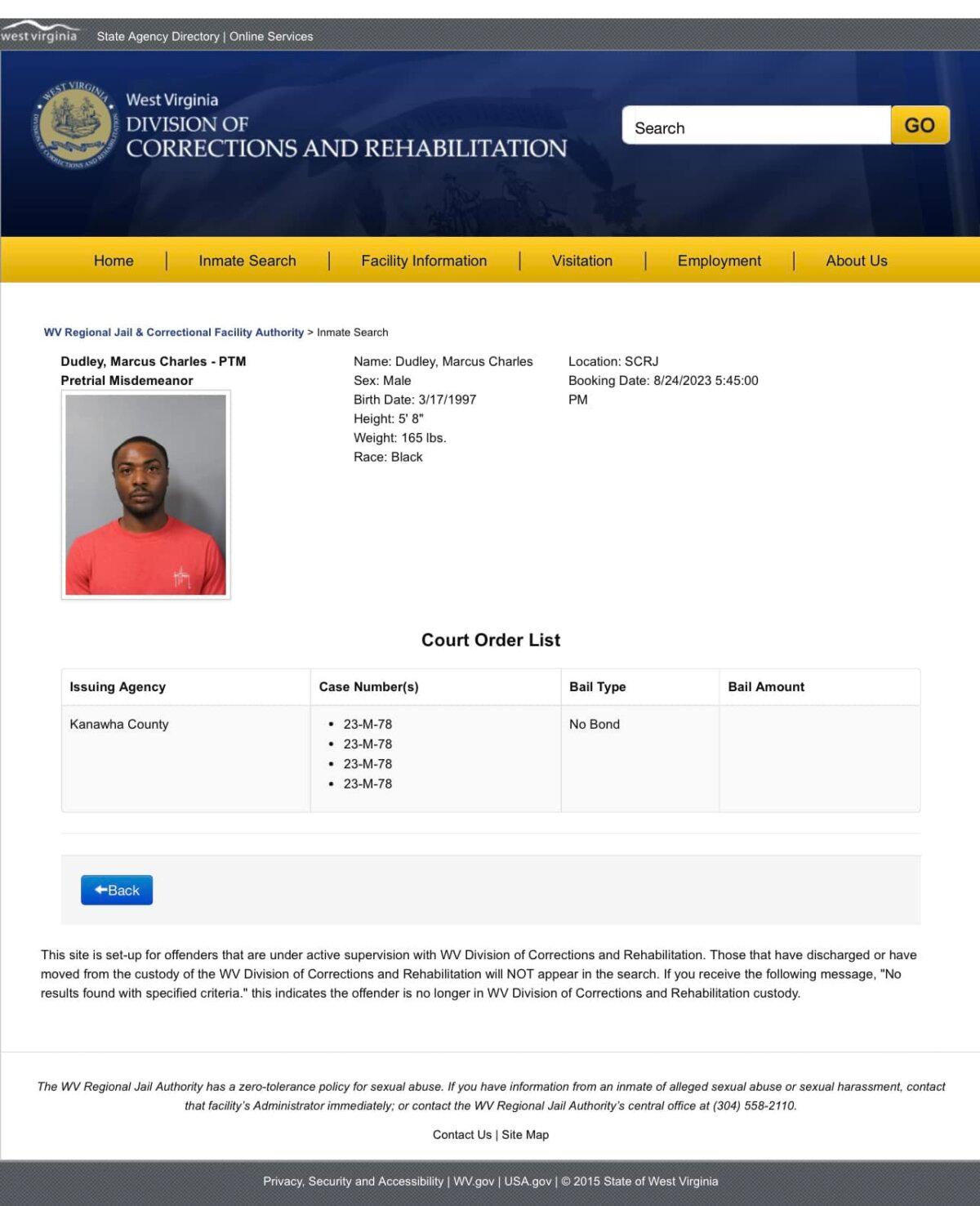 Former Chapmanville, W.V., police officer Marcus Dudley, 26, is awaiting trial on six misdemeanor charges related to the disappearance of police K9 Chase on April 11, 2023. (Photo courtesy of West Virginia Department of Corrections).