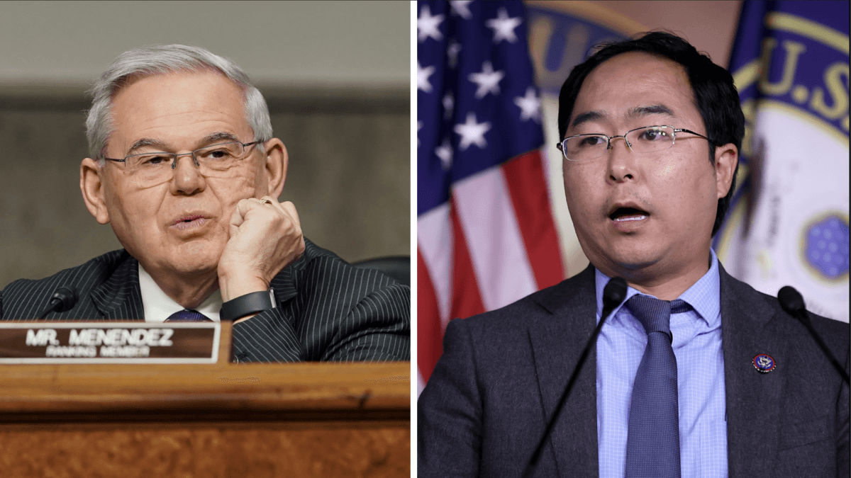(Left) Sen. Robert Menendez (D-N.J.) speaks at a Senate hearing on Capitol Hill in Washington on Jan. 27, 2021. (Right) Rep. Andy Kim (D-N.J.) talks to reporters at the U.S. Capitol in Washington, on Aug. 24, 2021. Greg Nash/Pool/AFP via Getty Images; Chip Somodevilla/Getty Images)