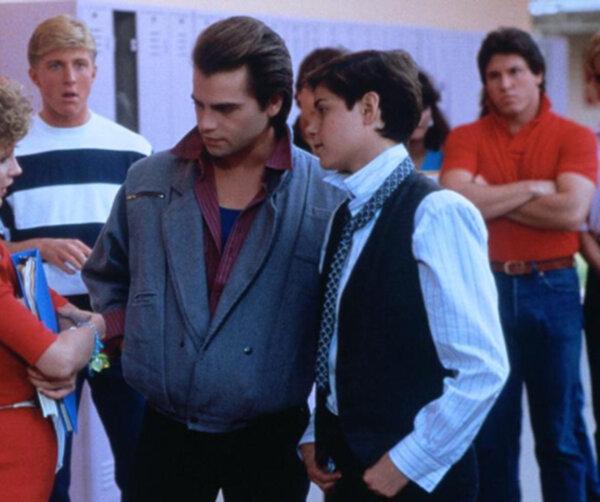 The '80s fashions are on full display. (L–R) Greg Tolan (William Zabka), Rick Morehouse (Clayton Rohner), and Terri Griffith (Joyce Hyser), in “Just One of the Guys.” (Columbia Pictures)