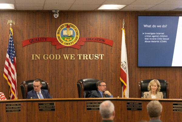 Trustees listen to guest speakers at the Orange County Board of Education building in Costa Mesa, Calif., on Sept. 20, 2023. (John Fredricks/The Epoch Times)