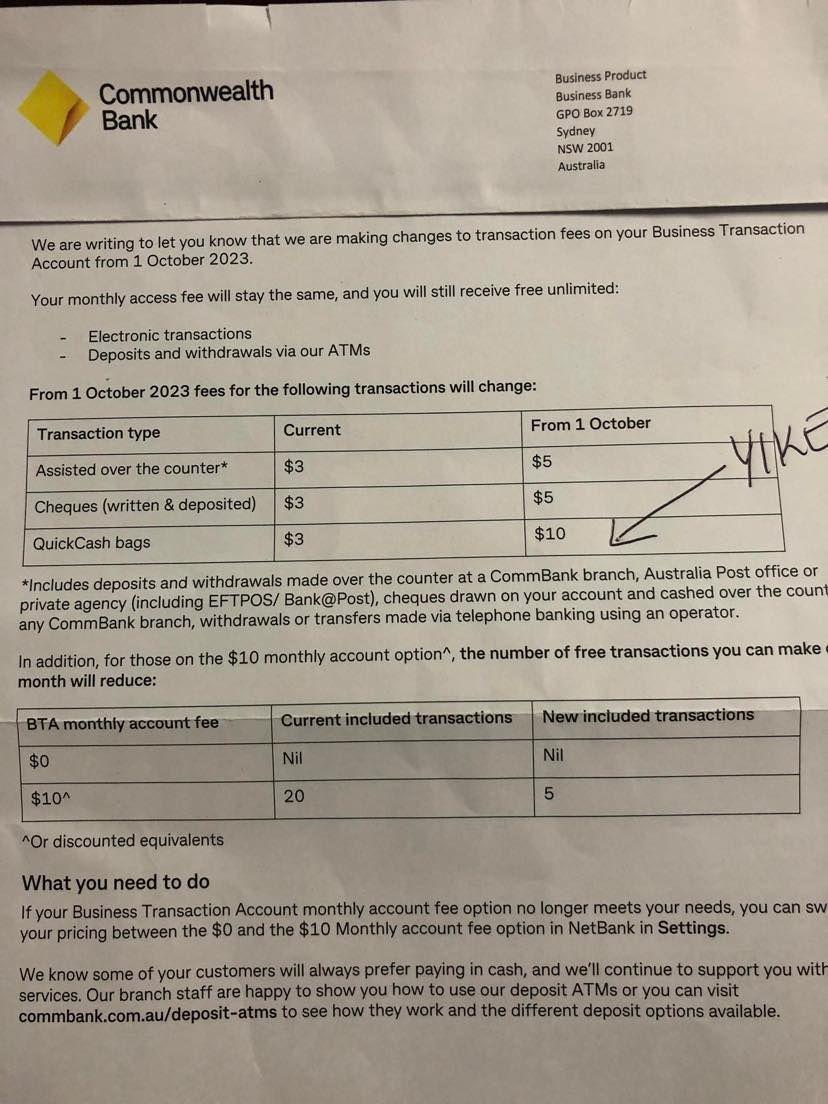 Letter from the Commonwealth Bank to business transaction account holders advising them of new fees (LinkedIn/Jason Bryce)