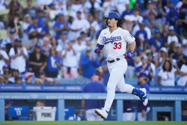 Los Angeles Dodgers' James Outman (33) runs the bases after hitting a home run during the second inning of a baseball game against the San Francisco Giants in Los Angeles on Sept. 24, 2023. (Ashley Landis/AP Photo)