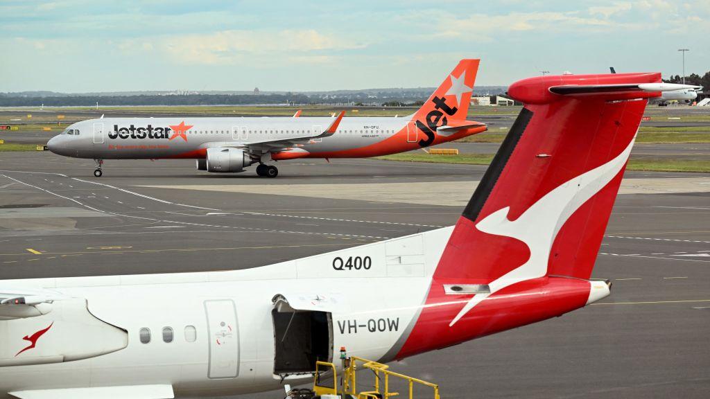 A photo taken on Aug. 22, 2023 shows a Airbus A321 Neo operated by the Qantas low-cost airline Jetstar at Kingsford Smith Airport in Sydney, Australia. (William West/AFP via Getty Images)mon