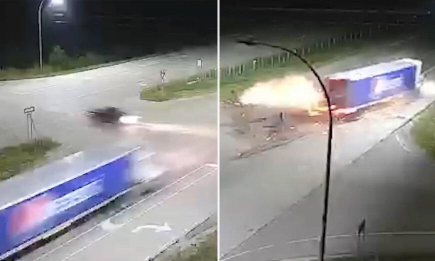 VIDEO: Drivers Walk Away Miraculously Unharmed After Fiery Collision Between Semi and a Car