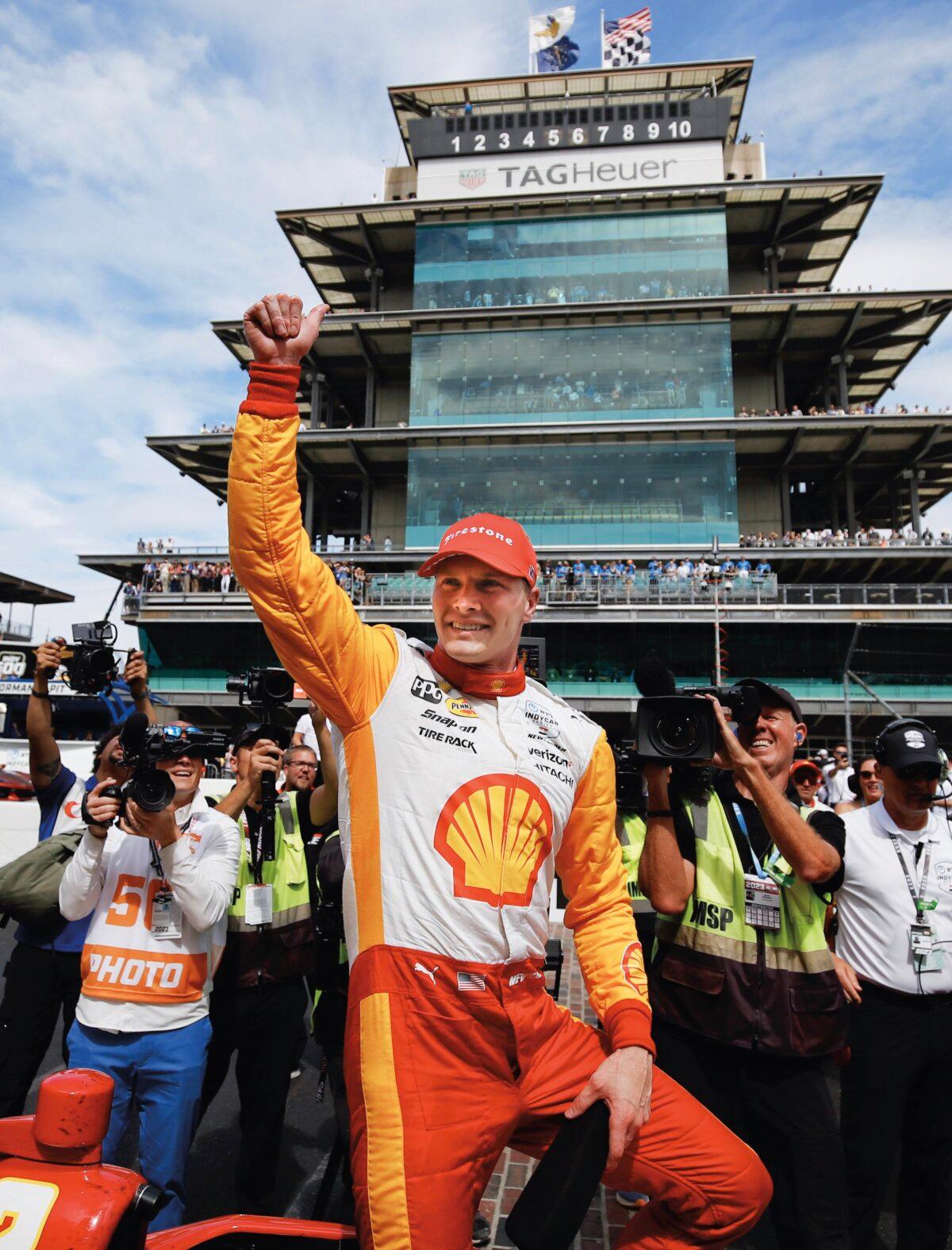 Josef Newgarden emerges victorious from the Indianapolis Motor Speedway in Speedway, Ind., May 28, 2023. (LAT)