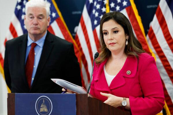 House Republican Conference Chair Rep. Elise Stefanik (R-N.Y.) speaks to reporters alongside U.S. House Majority Whip Rep. Tom Emmer (R-Minn.) at a press conference after a Republican caucus meeting at the U.S. Capitol Building in Washington on Sept. 13, 2023. (Anna Moneymaker/Getty Images)