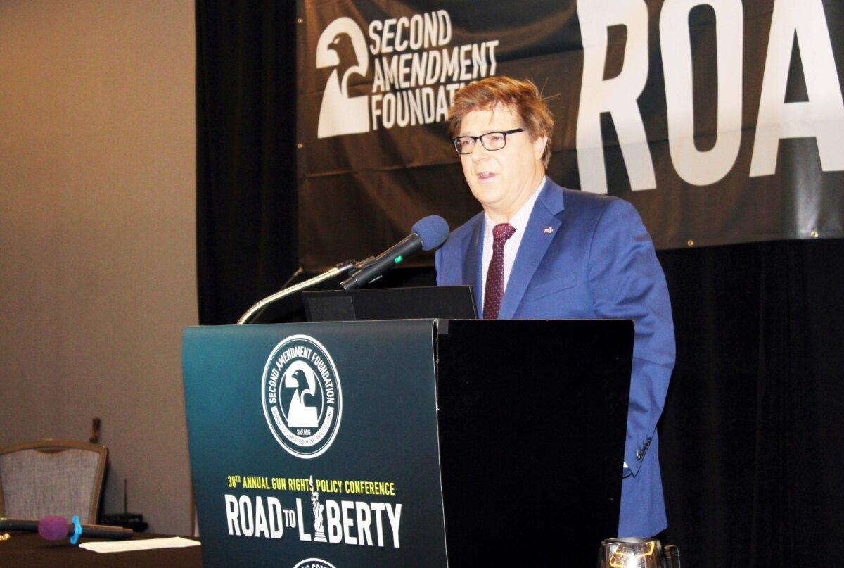 Mark Smith, constitutional attorney and host of YouTube channel The Four Boxes Diner, speaks to the Gun Rights Policy Conference in Phoenix on Sept. 23, 2023. (Michael Clements/The Epoch Times.)