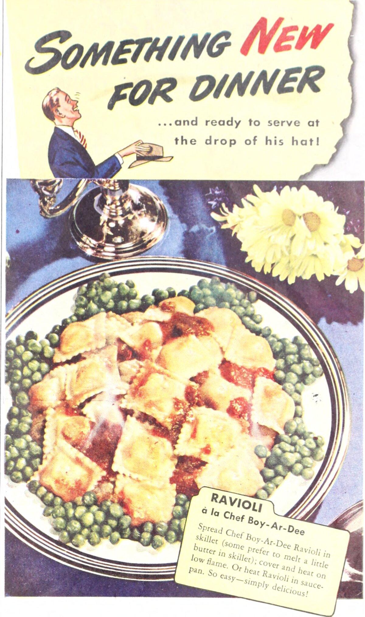 Vintage ravioli ad from the January 1947 edition of Ladies’ Home Journal. (Public Domain)
