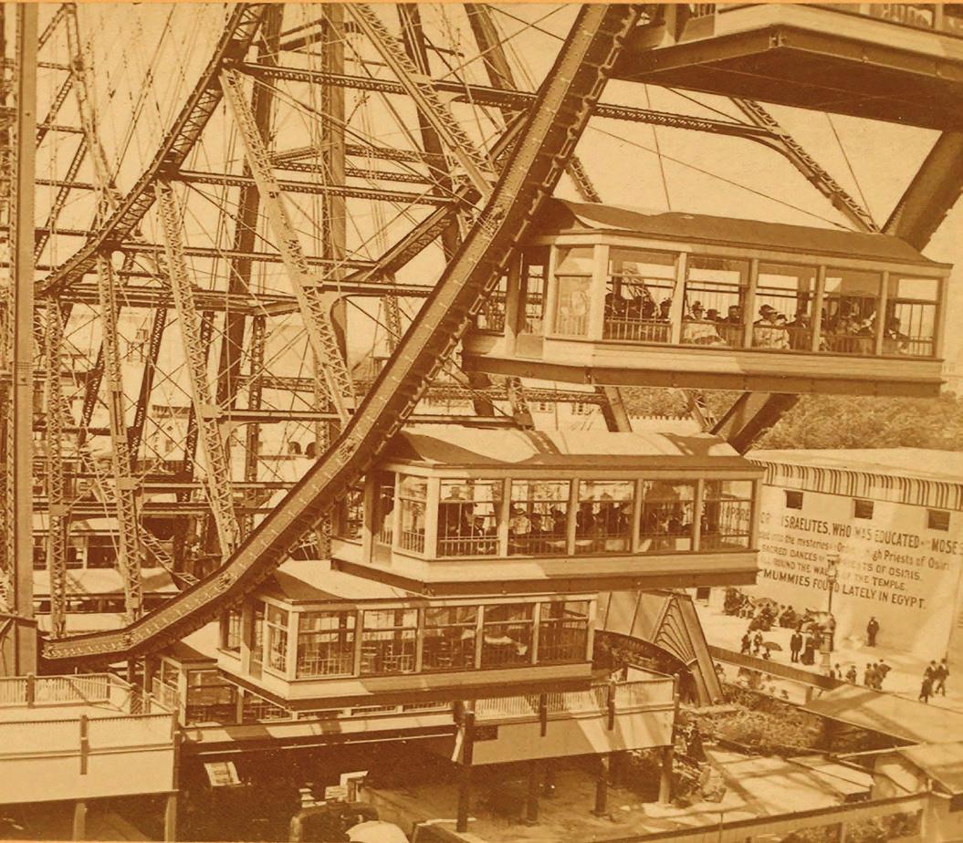 The wheel featured 36 cars that could hold around 60 people each, so more than 2,000 patrons could enjoy the 20-minute ride at a time. (Public Domain)