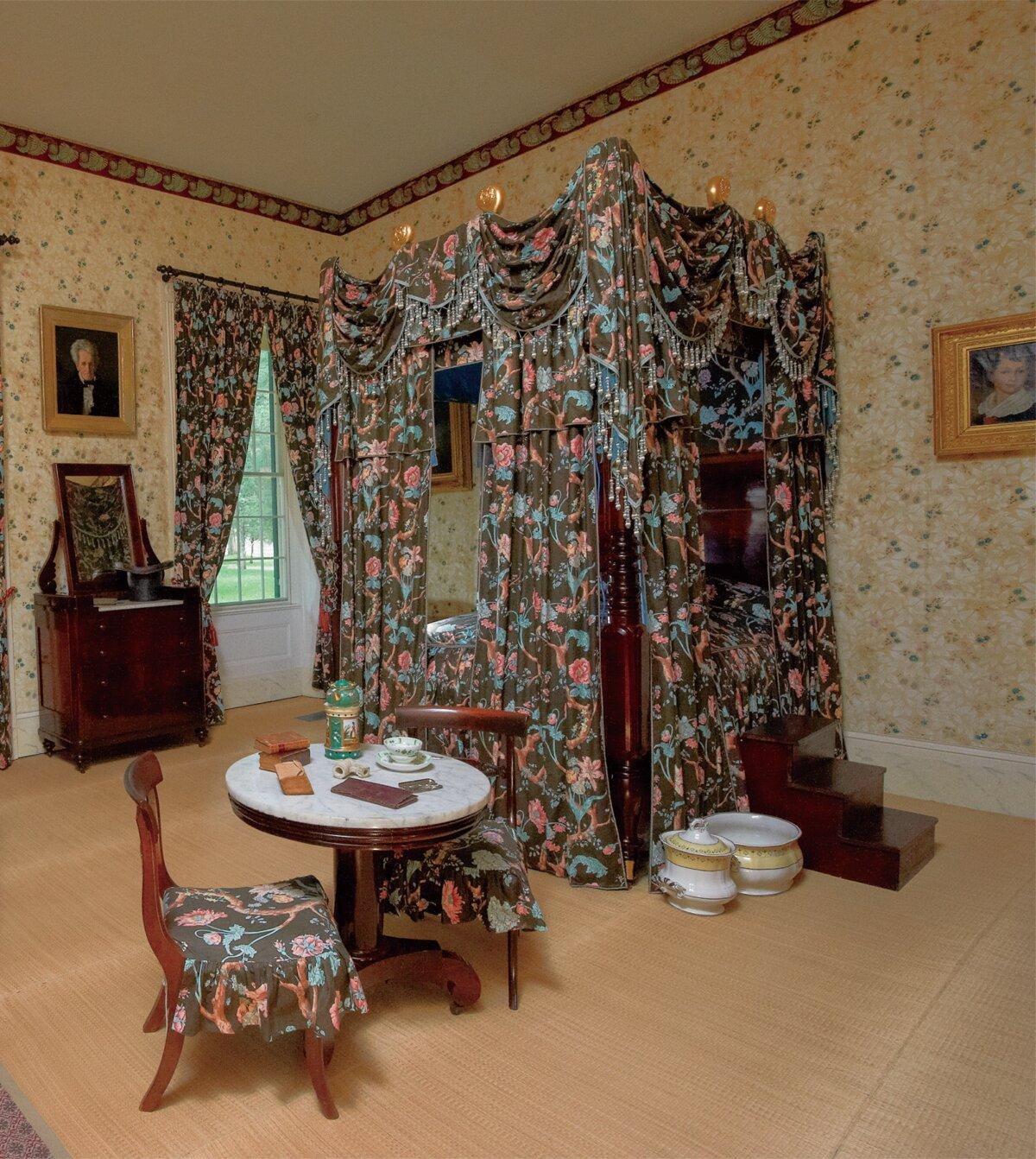 Jackson’s bedroom is connected to the library and located on the first floor of The Hermitage. Featured on the table are artifacts used by Jackson, such as his Bible, reading glasses, and a pipe carved out of stone from the Alamo. (Courtesy of The Hermitage)
