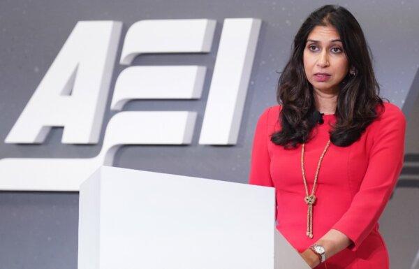 Home Secretary Suella Braverman delivers a keynote address on global migration challenges at the American Enterprise Institute in Washington, on Sept. 26, 2023. (PA Media)
