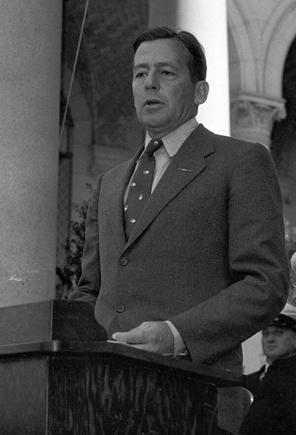 Aircraft industrialist Donald W. Douglas, aircraft industrialist and founder of Douglas Aircraft Company, speaks at City Hall on Navy Day, Los Angeles in 1935. (Los Angeles Times/ CC BY 4.0)