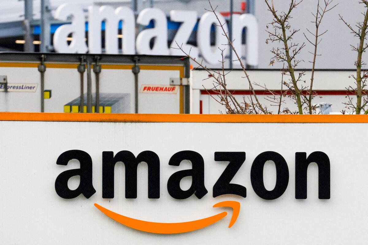 The logo of Amazon at the company logistics center in Lauwin-Planque, France, on Jan. 5, 2023. (Pascal Rossignol/Reuters)