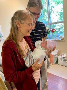 Uwe and Hannelore Romeike meet Ryker Bates, their first American-born grandchild, on Sept. 12, 2023. (Courtesy of Hannelore Romeike)