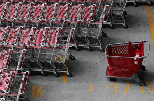 A Target shopping cart stands among other carts in a parking lot outside of Target's new Harlem store in New York City, Aug. 18, 2010. (Chris Hondros/Getty Images)