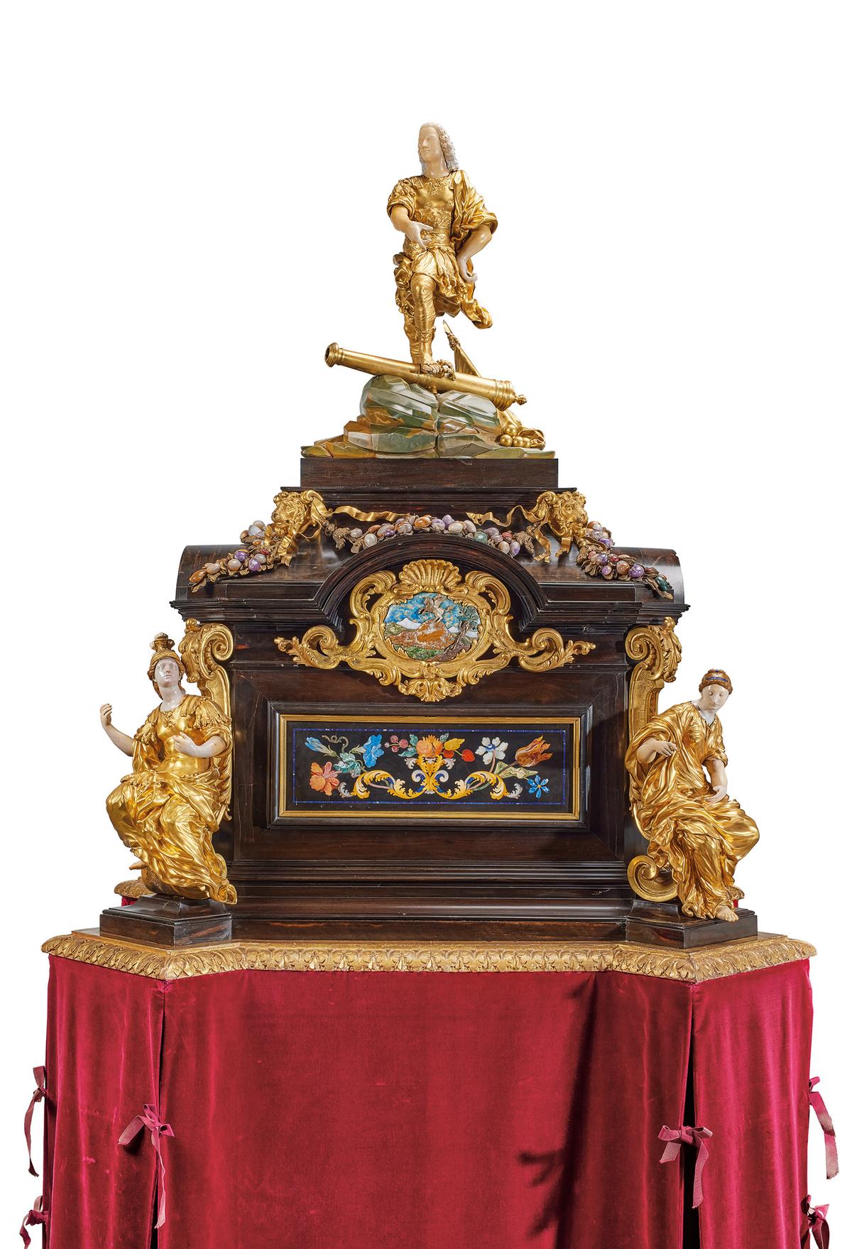A monumental ormolu-mounted hardstone cabinet on stand, circa 1714, by Giovanni Battista and Giuseppe Antonio. 46 1/2 inches by 34 2/3 inches by 31 inches. (Christie’s Images Limited 2023)