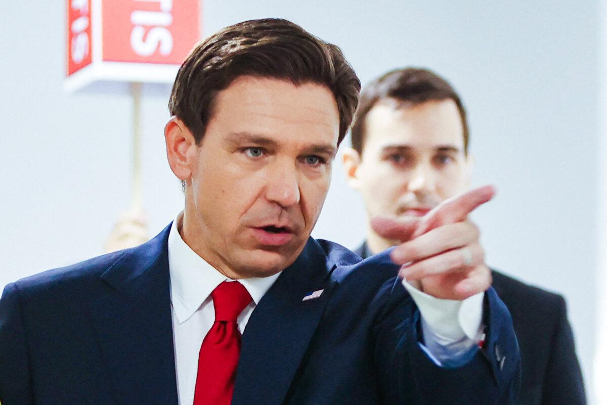 Florida Gov. Ron DeSantis gestures as he speaks in the Spin Room following the first Republican presidential primary debate at the Fiserv Forum in Milwaukee on Aug. 23, 2023. (Alex Wroblewski/AFP via Getty Images)