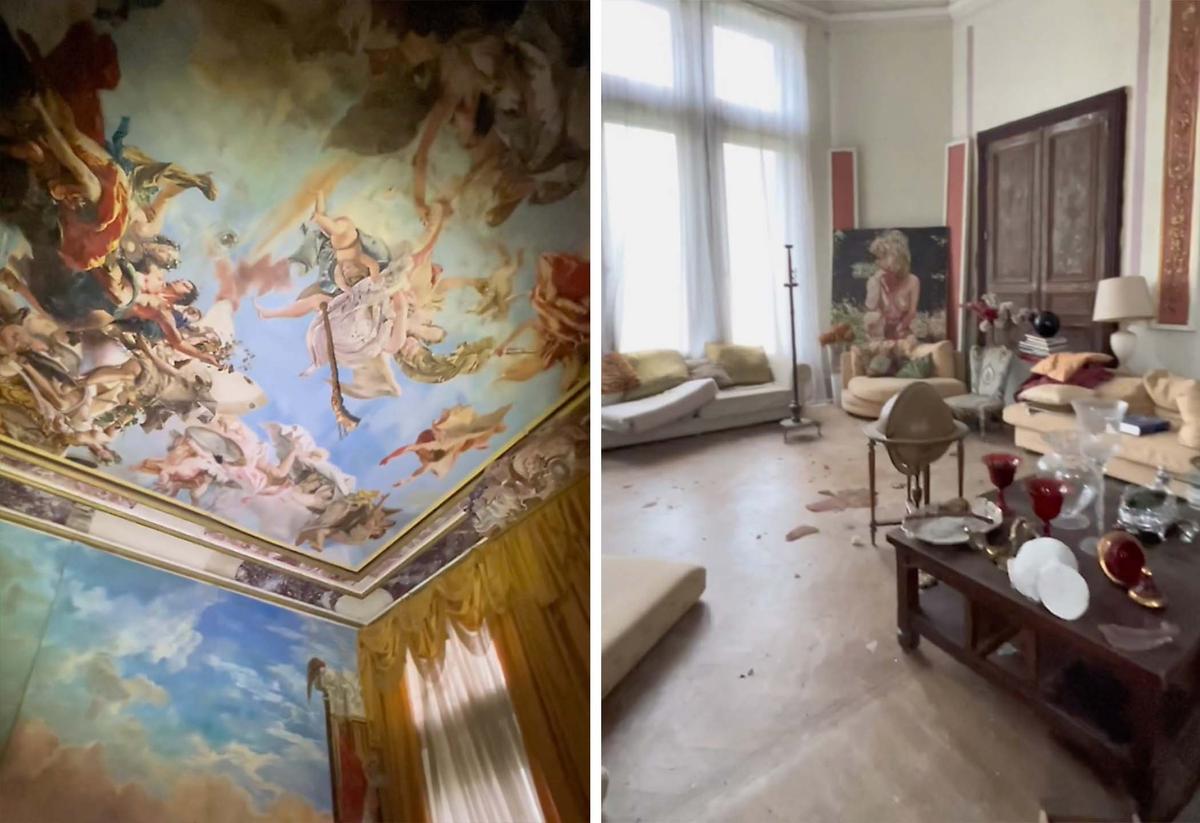 The rooms of the abandoned French mansion are decorated with ceiling frescoes and filled with artwork. (Screenshot/Newsflare)