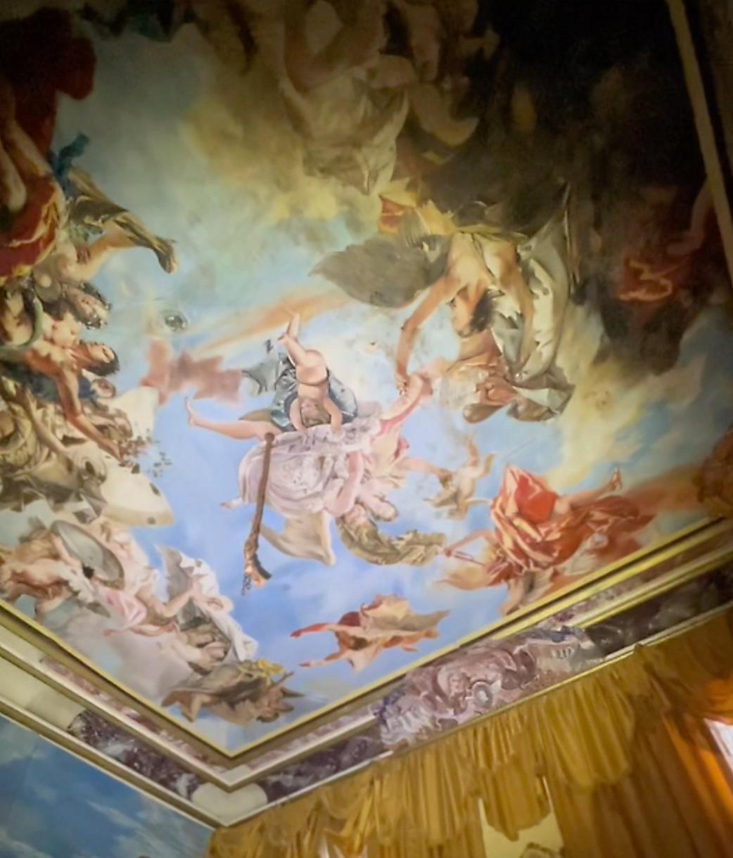 Detail of a ceiling fresco in an abandoned mansion in rural France. (Screenshot/Newsflare)