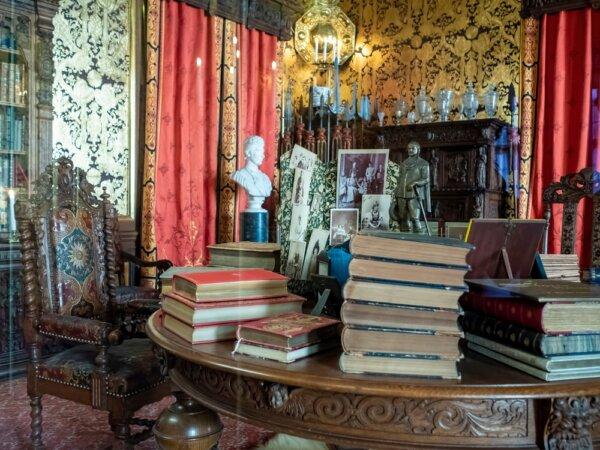 Frederick VIII’s study is in Christian VIII’s palace. Furnished toward the end of the 1860s, it's in the Renaissance Revival style, characterized by a 19th-century interior with dark wood furniture, tapestries, carved panels, and coffered ceilings. The heavy furniture along with the golden leather walls is also a great example of a masculine interior design of the time. The tapestry features imitation gilt leather, made from paper rather than leather with the help of machines in a practice popular during the 1850s. (Dr. Victor Yong/Shutterstock)