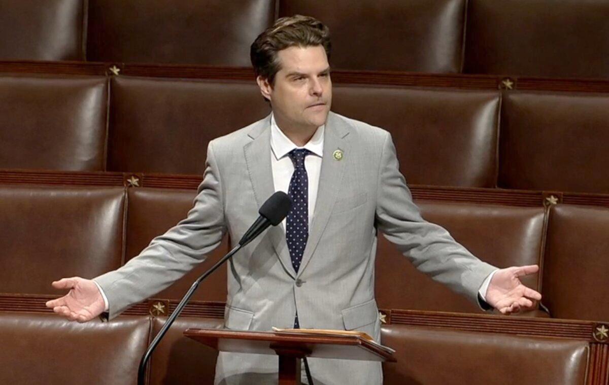 Rep. Matt Gaetz (R-Fla.) speaks on the House floor in Washington on Sept. 27, 2023. (House of Representatives/Screenshot via NTD)