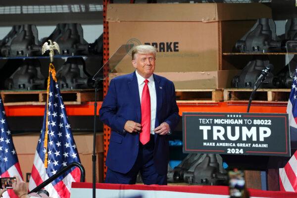 Former President Donald Trump speaks at an event in Clinton Township, Mich., on Sept. 27, 2023. (Madalina Vasiliu/The Epoch Times)