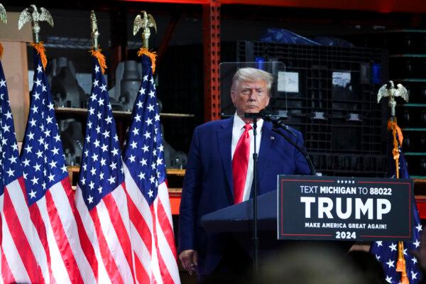 Former President Donald Trump speaks at an event in Clinton Township, Mich., on Sept. 27, 2023. (Madalina Vasiliu/The Epoch Times)