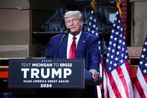 Former President Donald Trump speaks at an event in Clinton Township, Mich., on Sept. 27, 2023. (Madalina Vasiliu/The Epoch Times)