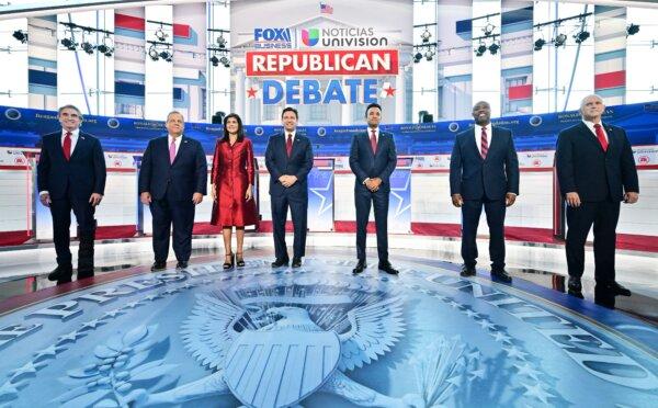 (L–R) North Dakota Gov. Doug Burgum, former New Jersey Gov. Chris Christie, former South Carolina Gov. and U.N. ambassador Nikki Haley, Florida Gov. Ron DeSantis, entrepreneur Vivek Ramaswamy, Sen. Tim Scott (R-S.C.), and former Vice President Mike Pence attend the second Republican presidential primary debate at the Ronald Reagan Presidential Library in Simi Valley, Calif., on Sept. 27, 2023. (Frederic J. Brown/AFP via Getty Images)