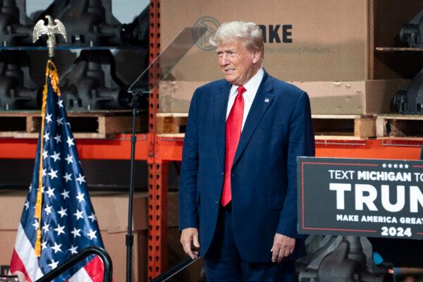 Former President Donald Trump speaks at a campaign rally event in Clinton Township, Mich., on Sept. 27, 2023. (Madalina Vasiliu/The Epoch Times)