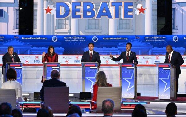 (L-R) Former New Jersey Gov. Chris Christie, Florida Gov. Ron DeSantis, and Sen Tim Scott (S.C.) look on as former U.N. Ambassador Nikki Haley (2L) and entrepreneur Vivek Ramaswamy (2R) speak during the second Republican presidential primary debate at the Ronald Reagan Presidential Library in Simi Valley, Calif., on Sept. 27, 2023. (Robyn Beck/AFP via Getty Images)